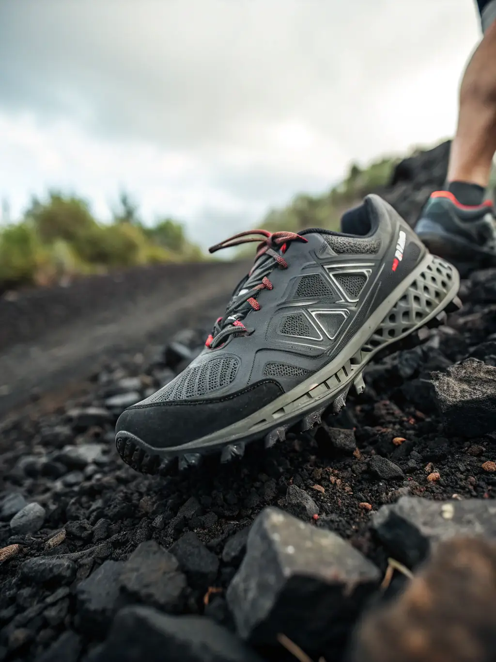 Image showcasing a trail running shoe with a reinforced toe cap and durable upper materials, emphasizing protection against rocks, roots, and other trail hazards. The shoe is placed on a forest floor.